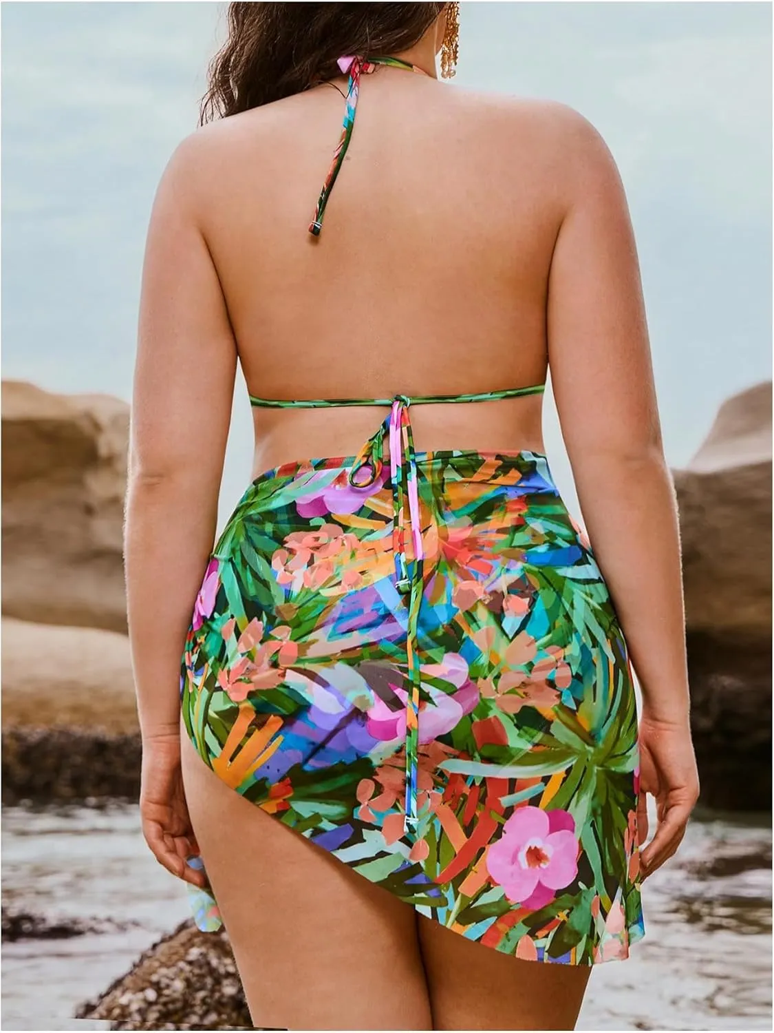 MakeMeChic Women's Plus Size Tropical Print Bikini Set Halter Tie Back Swimsuits with Cover Up Skirt