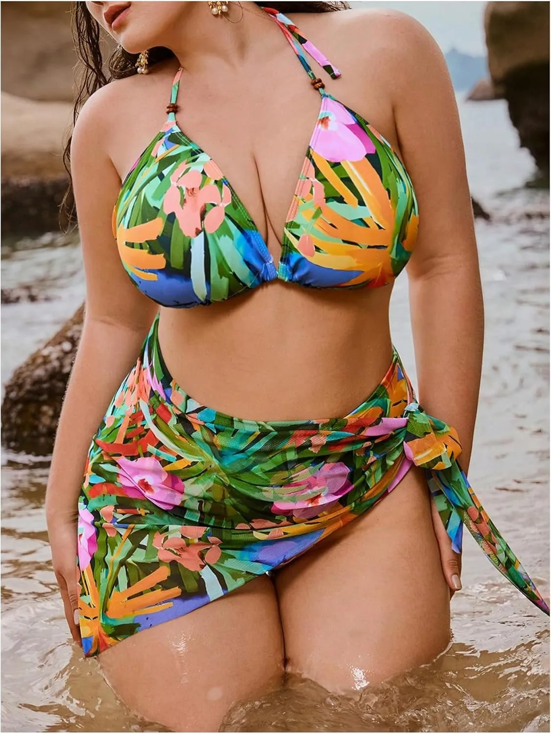 MakeMeChic Women's Plus Size Tropical Print Bikini Set Halter Tie Back Swimsuits with Cover Up Skirt