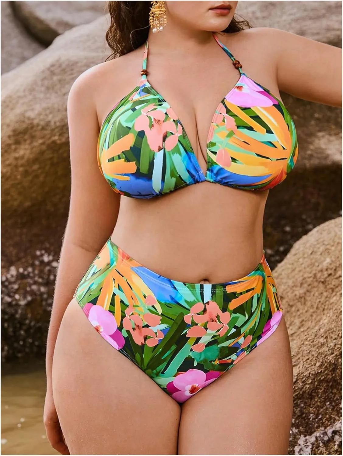MakeMeChic Women's Plus Size Tropical Print Bikini Set Halter Tie Back Swimsuits with Cover Up Skirt