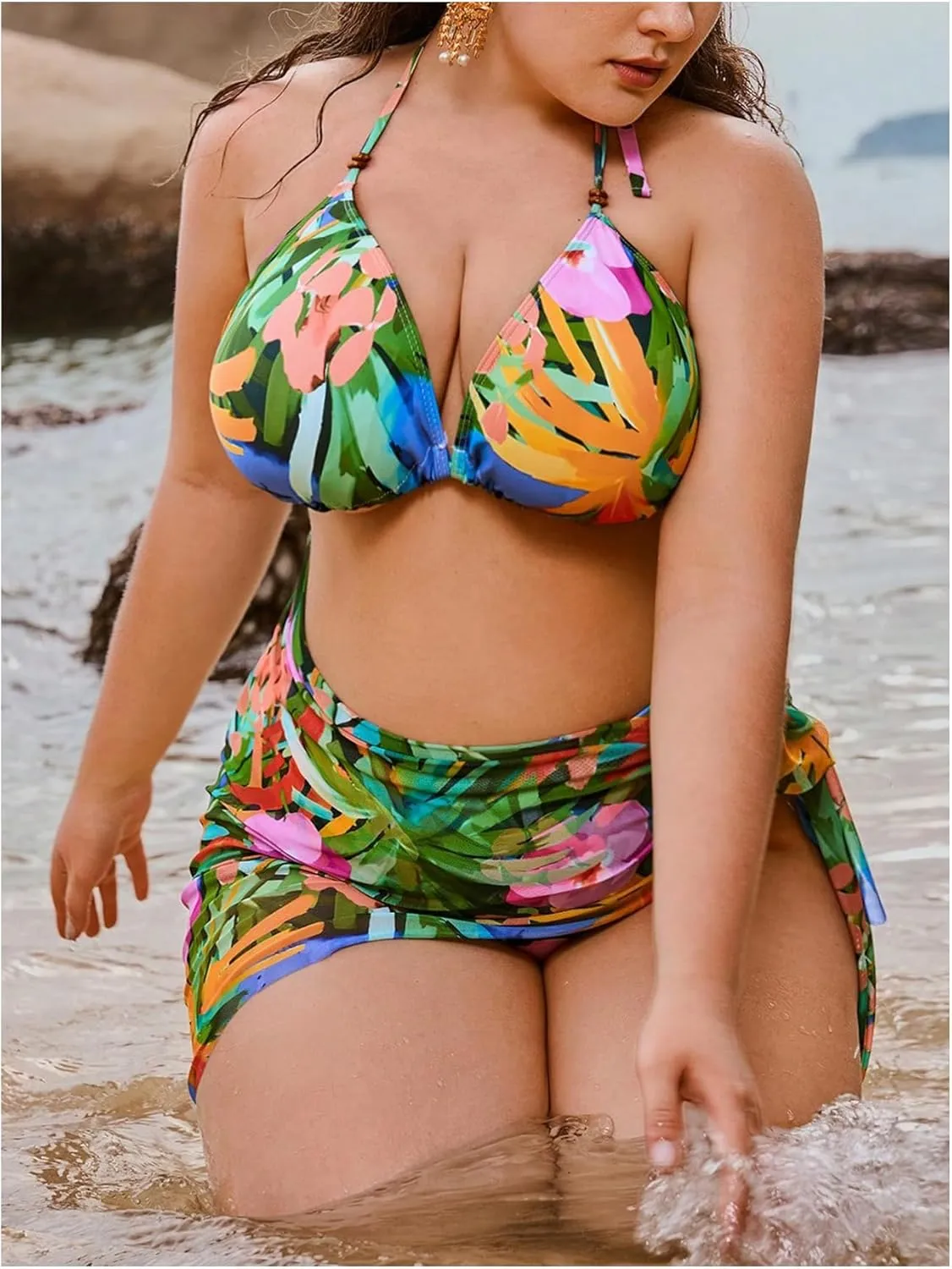 MakeMeChic Women's Plus Size Tropical Print Bikini Set Halter Tie Back Swimsuits with Cover Up Skirt