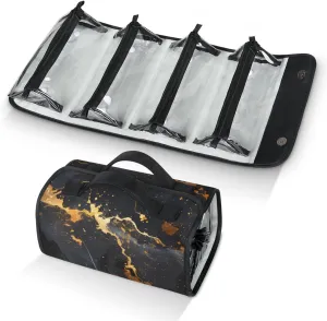 Marble Black Foldable Toiletry Bag with Detachable Removable Pouches Hanging 4 in 1 Roll Up Large Makeup Toiletry Organizer Storage Bag with Handle
