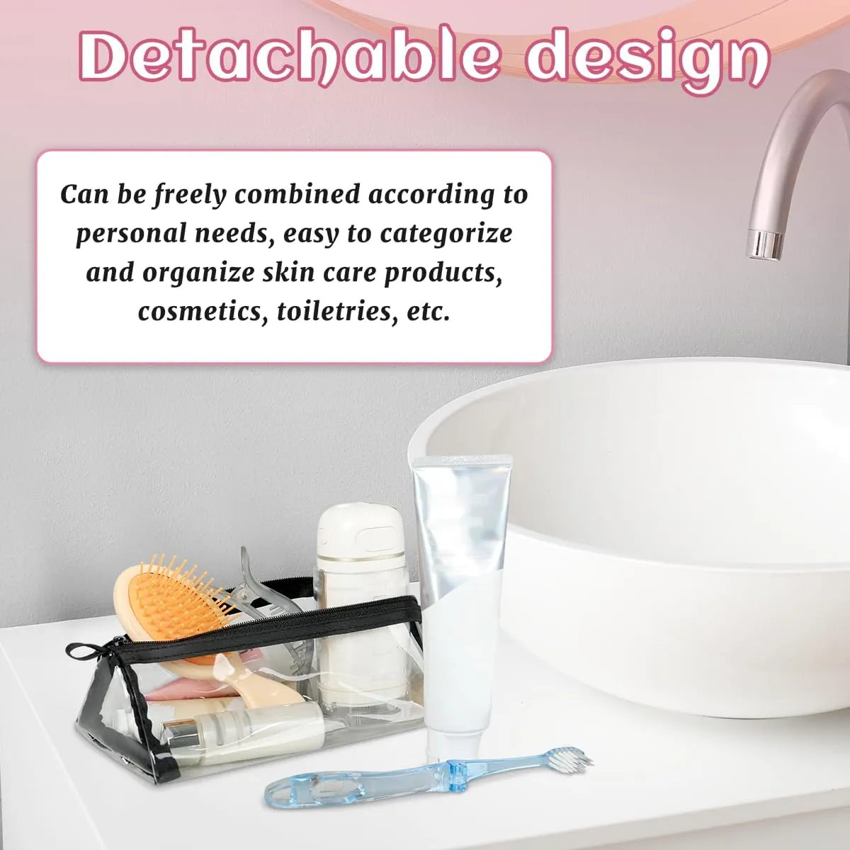 Marble Black Foldable Toiletry Bag with Detachable Removable Pouches Hanging 4 in 1 Roll Up Large Makeup Toiletry Organizer Storage Bag with Handle