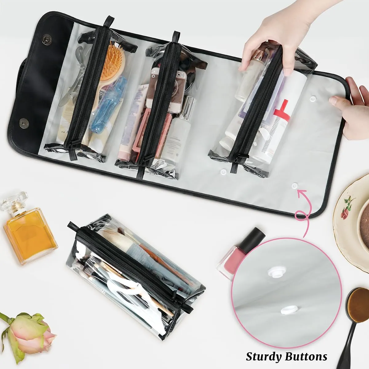 Marble Black Foldable Toiletry Bag with Detachable Removable Pouches Hanging 4 in 1 Roll Up Large Makeup Toiletry Organizer Storage Bag with Handle
