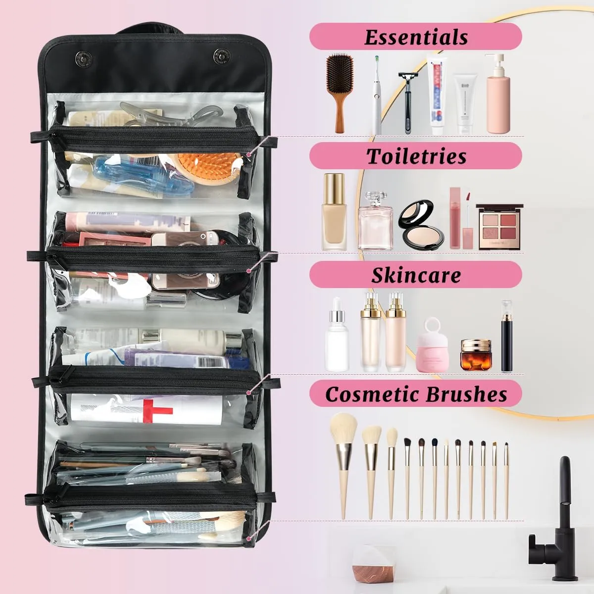 Marble Black Foldable Toiletry Bag with Detachable Removable Pouches Hanging 4 in 1 Roll Up Large Makeup Toiletry Organizer Storage Bag with Handle