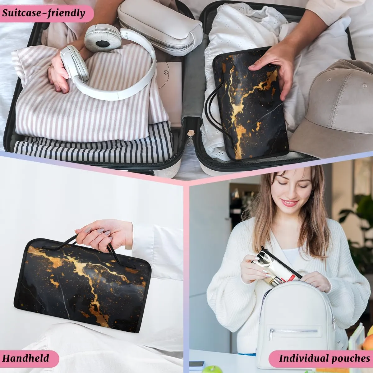Marble Black Foldable Toiletry Bag with Detachable Removable Pouches Hanging 4 in 1 Roll Up Large Makeup Toiletry Organizer Storage Bag with Handle
