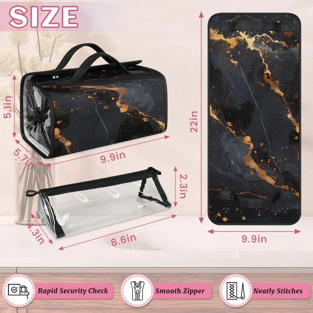 Marble Black Foldable Toiletry Bag with Detachable Removable Pouches Hanging 4 in 1 Roll Up Large Makeup Toiletry Organizer Storage Bag with Handle