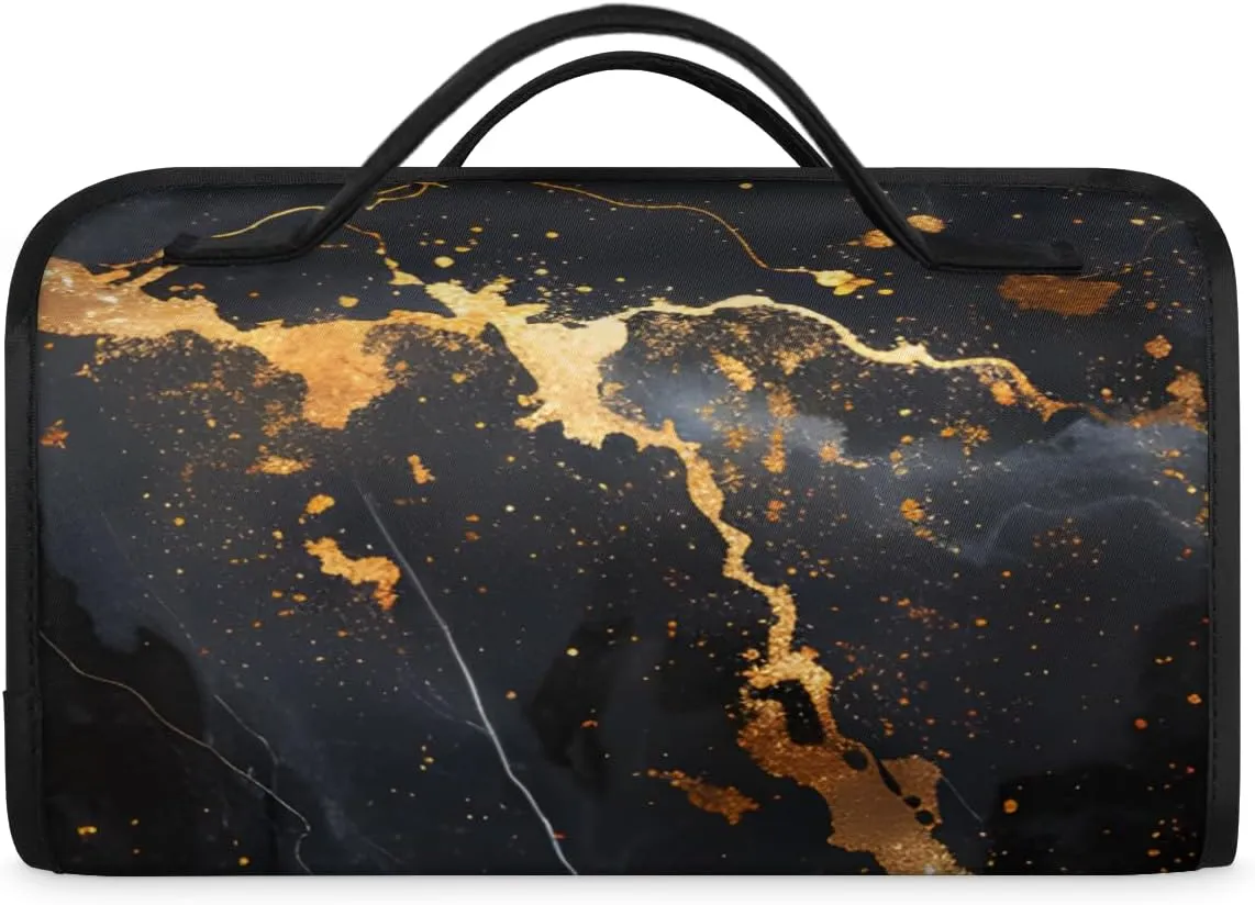 Marble Black Foldable Toiletry Bag with Detachable Removable Pouches Hanging 4 in 1 Roll Up Large Makeup Toiletry Organizer Storage Bag with Handle