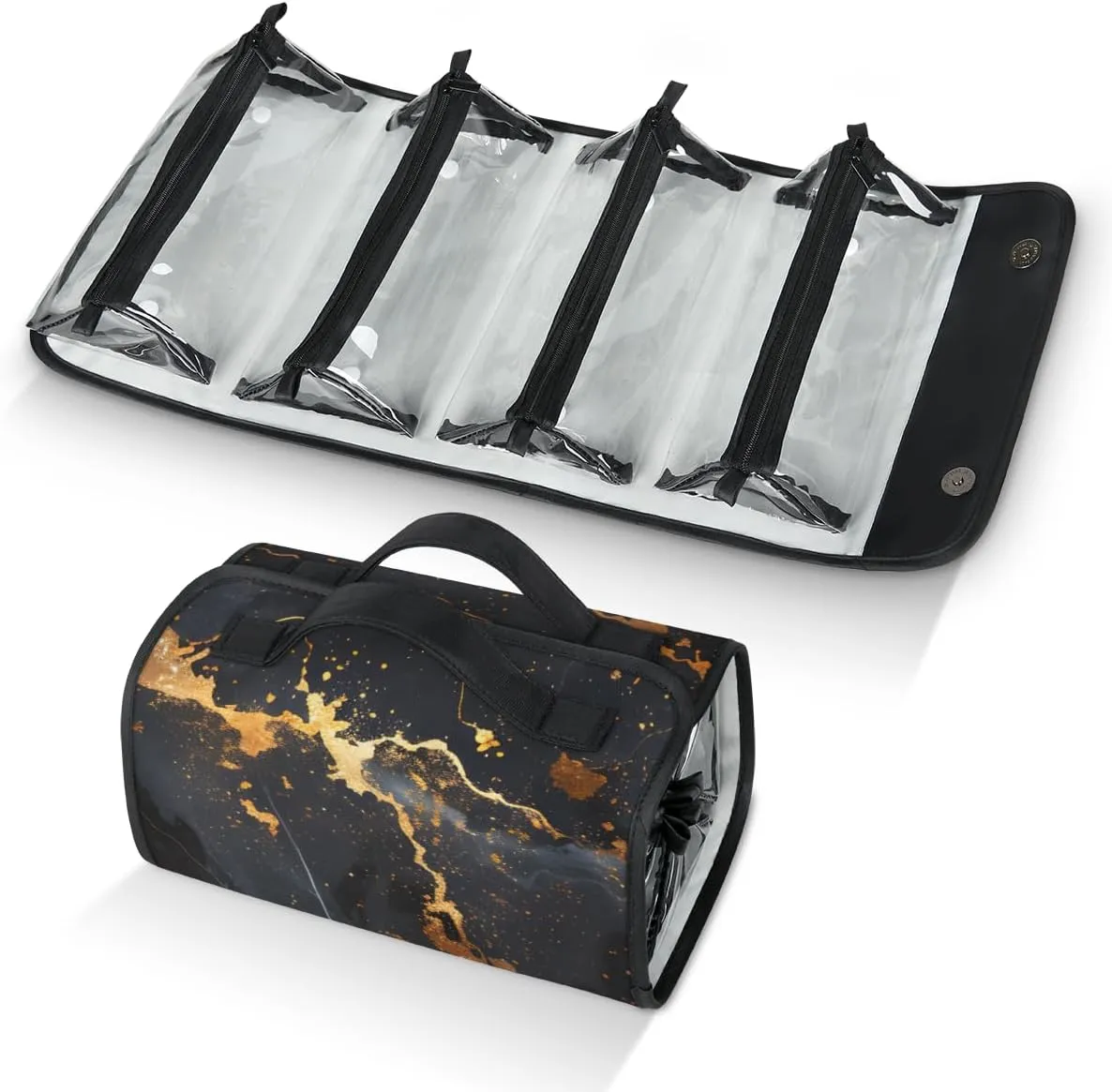 Marble Black Foldable Toiletry Bag with Detachable Removable Pouches Hanging 4 in 1 Roll Up Large Makeup Toiletry Organizer Storage Bag with Handle