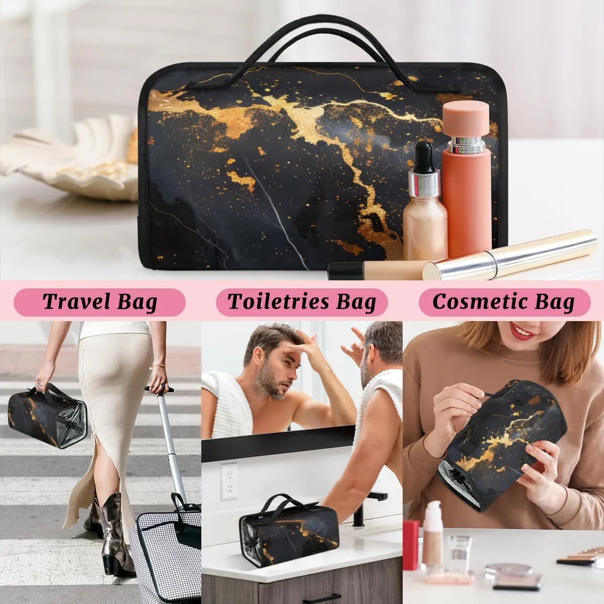 Marble Black Foldable Toiletry Bag with Detachable Removable Pouches Hanging 4 in 1 Roll Up Large Makeup Toiletry Organizer Storage Bag with Handle