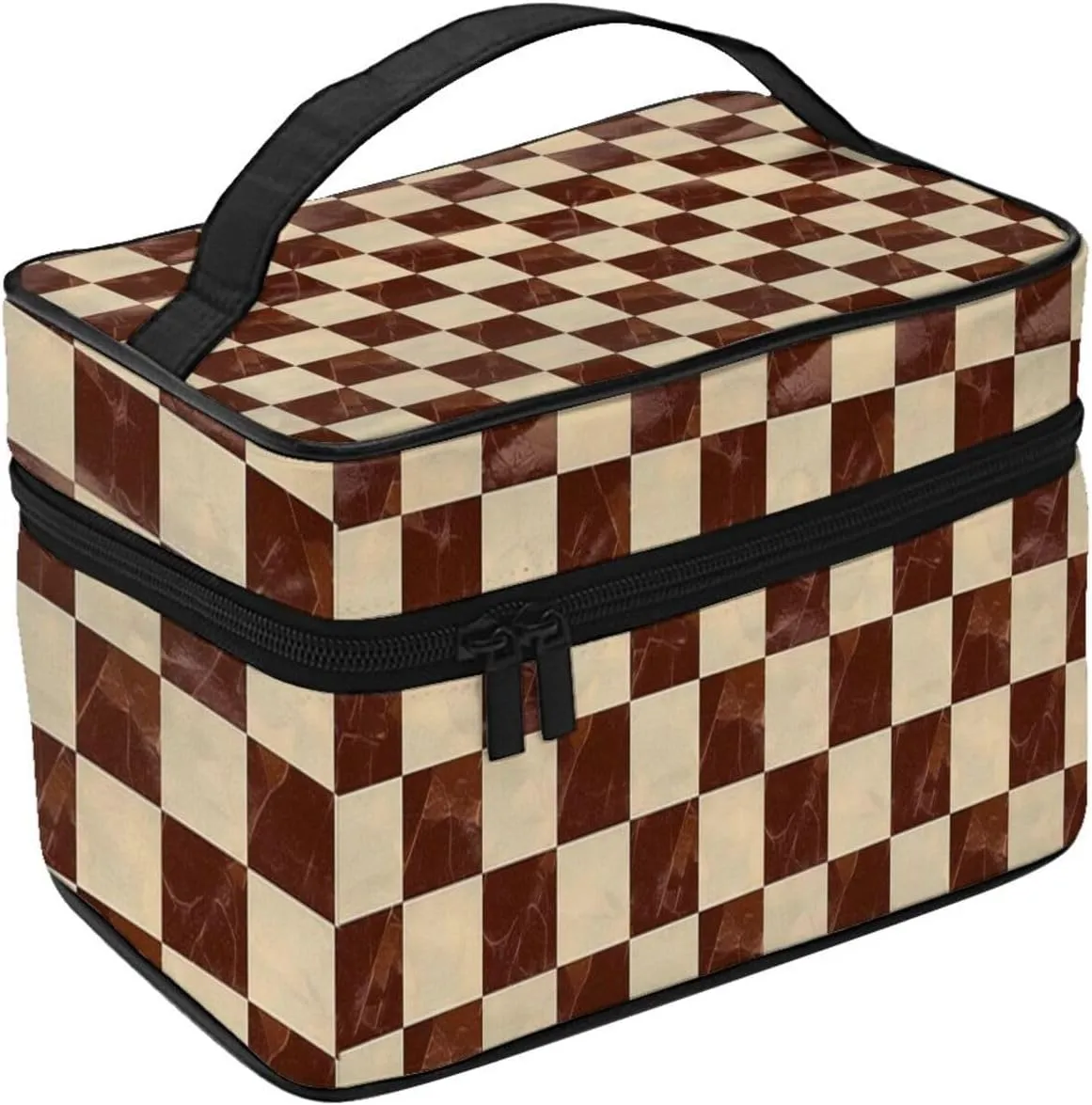 Marble Brown Checkered Makeup Bag for Women Travel Cosmetic Bag Large Makeup Case Portable Toiletry Skincare Organizer Bag