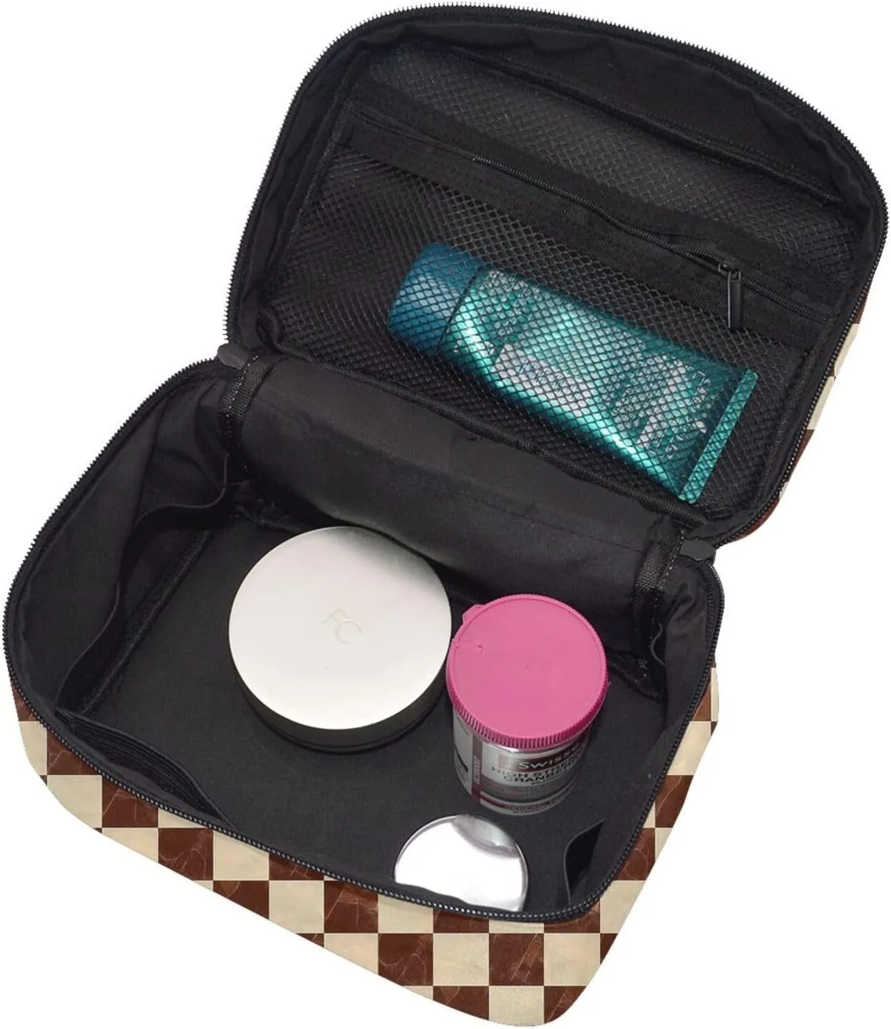 Marble Brown Checkered Makeup Bag for Women Travel Cosmetic Bag Large Makeup Case Portable Toiletry Skincare Organizer Bag