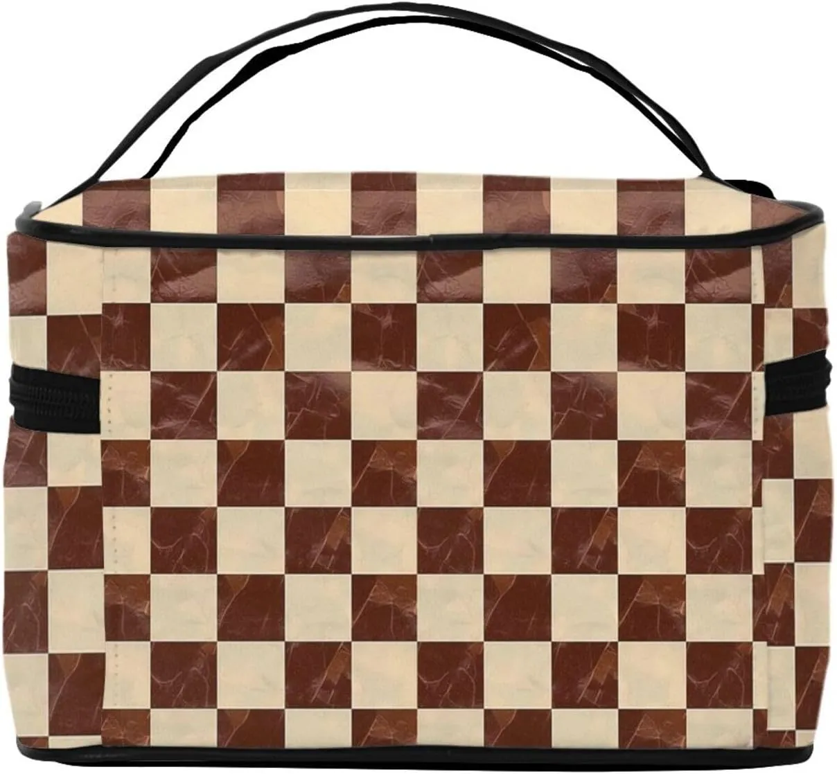 Marble Brown Checkered Makeup Bag for Women Travel Cosmetic Bag Large Makeup Case Portable Toiletry Skincare Organizer Bag