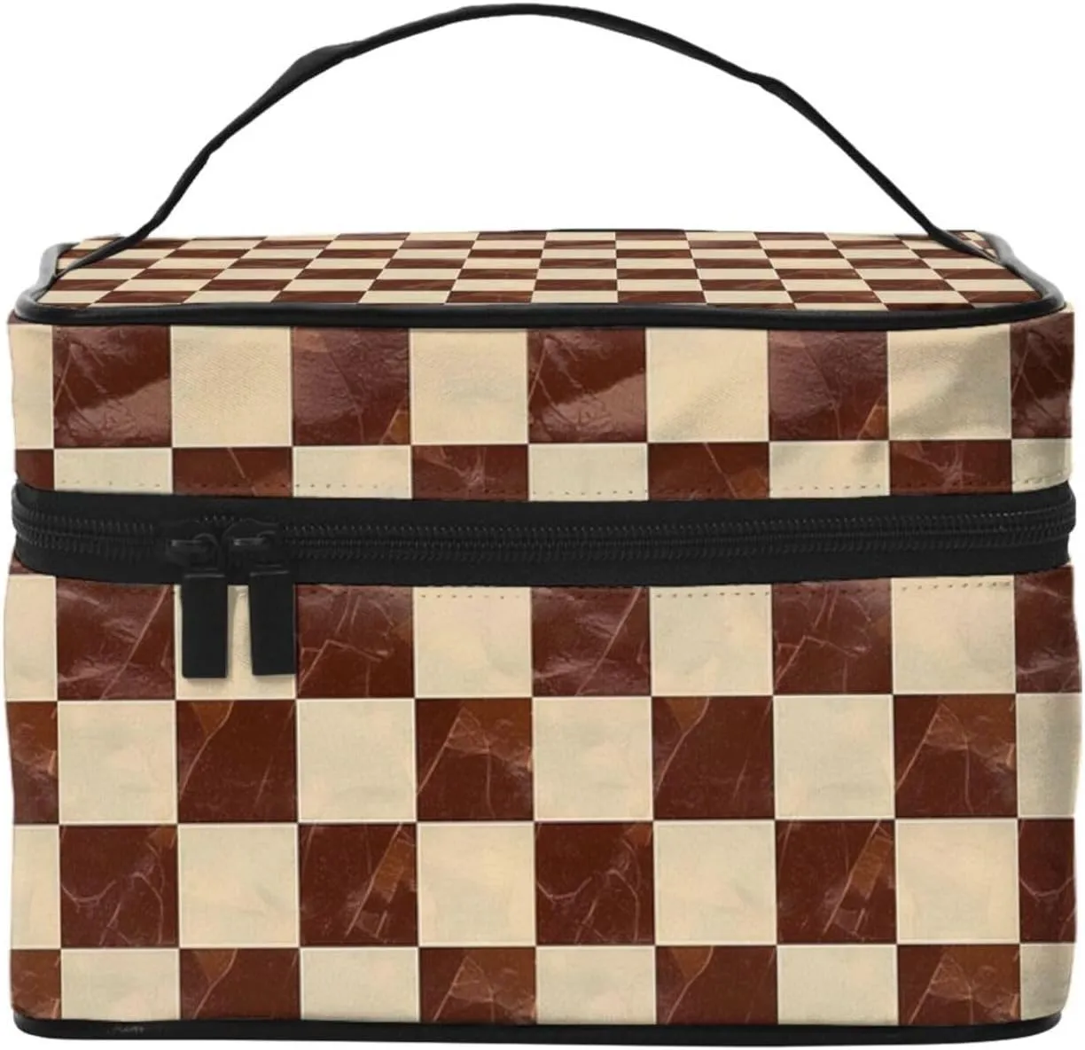 Marble Brown Checkered Makeup Bag for Women Travel Cosmetic Bag Large Makeup Case Portable Toiletry Skincare Organizer Bag