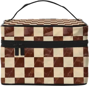 Marble Brown Checkered Makeup Bag for Women Travel Cosmetic Bag Large Makeup Case Portable Toiletry Skincare Organizer Bag