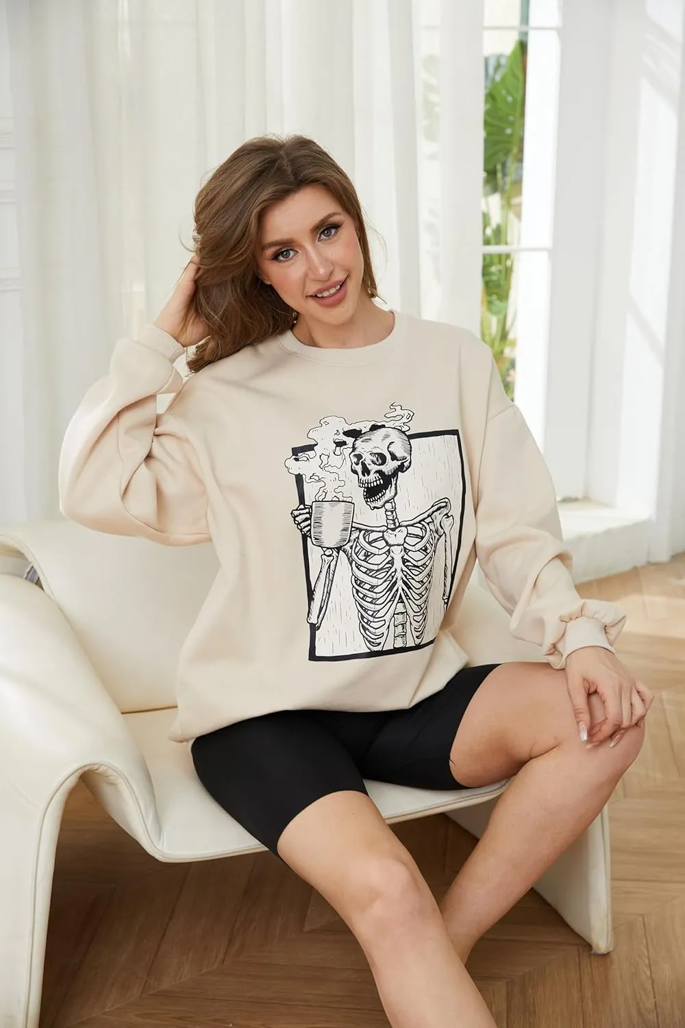 Meladyan Halloween Skull Graphic Print Fleece Oversized Sweatshirt Crewneck Long Sleeve Drop Shoulder Pullover