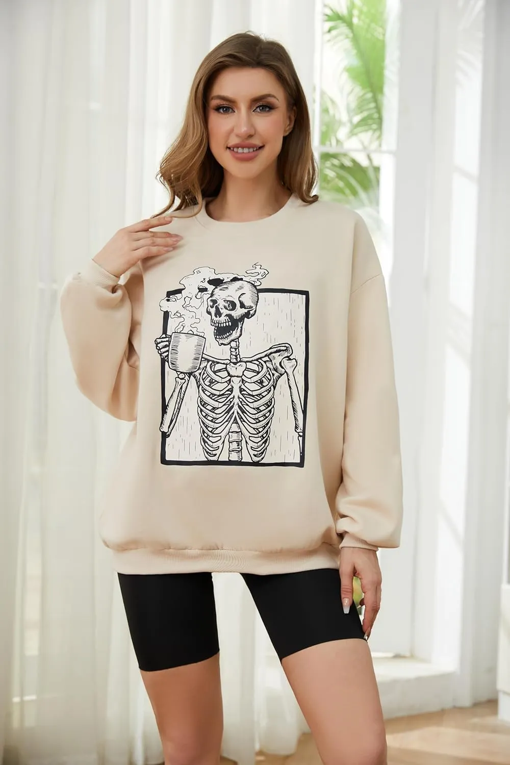 Meladyan Halloween Skull Graphic Print Fleece Oversized Sweatshirt Crewneck Long Sleeve Drop Shoulder Pullover