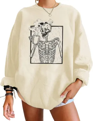 Meladyan Halloween Skull Graphic Print Fleece Oversized Sweatshirt Crewneck Long Sleeve Drop Shoulder Pullover