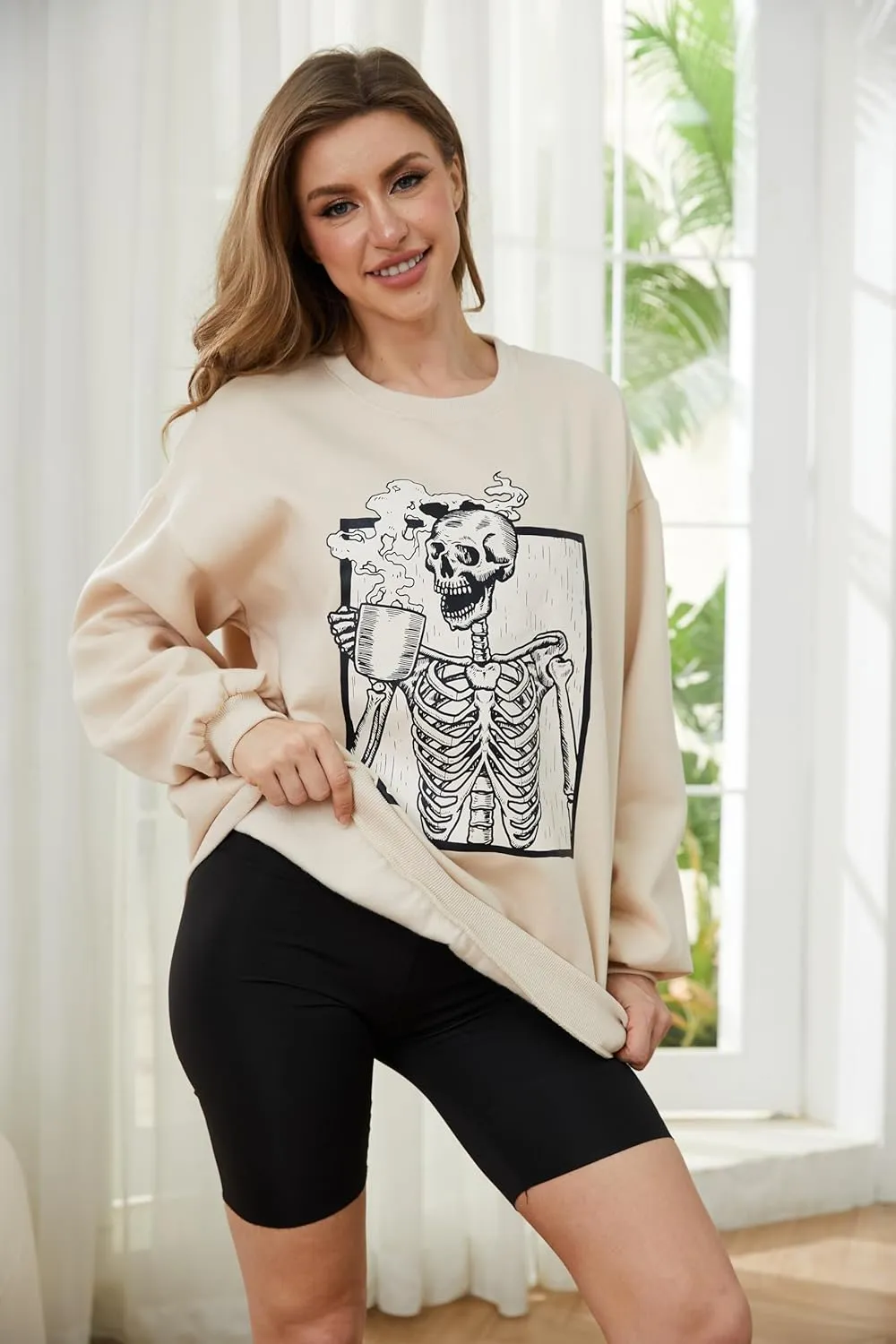 Meladyan Halloween Skull Graphic Print Fleece Oversized Sweatshirt Crewneck Long Sleeve Drop Shoulder Pullover