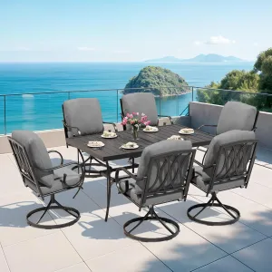 MELLCOM 7-Piece Outdoor Dining Set, 6 Swivel Rocker Chairs with Thick Cushions & Rectangular Dining Table with Umbrella Hole, Patio Furniture Set for Porch, Garden, Backyard, Poolside, Deck, Grey