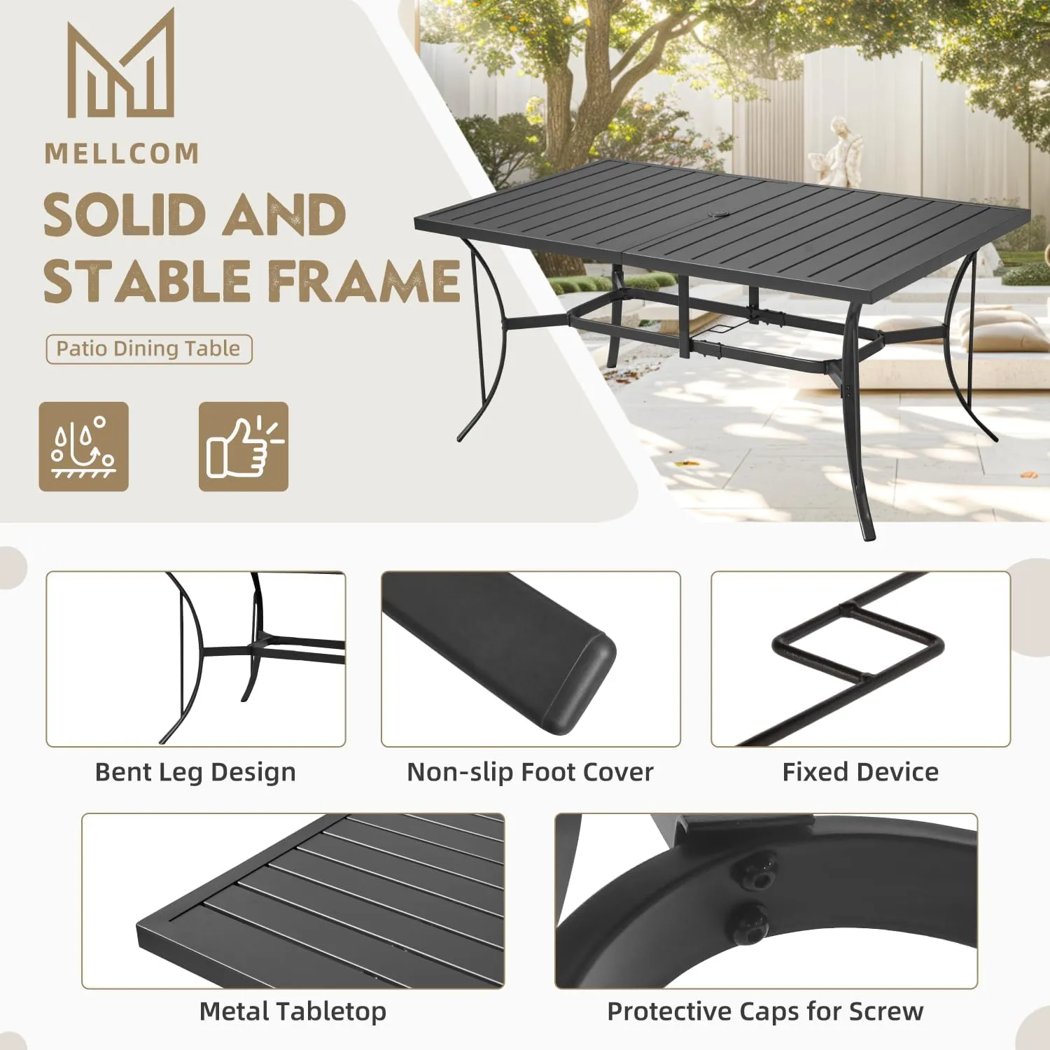 MELLCOM 7-Piece Outdoor Dining Set, 6 Swivel Rocker Chairs with Thick Cushions & Rectangular Dining Table with Umbrella Hole, Patio Furniture Set for Porch, Garden, Backyard, Poolside, Deck, Grey