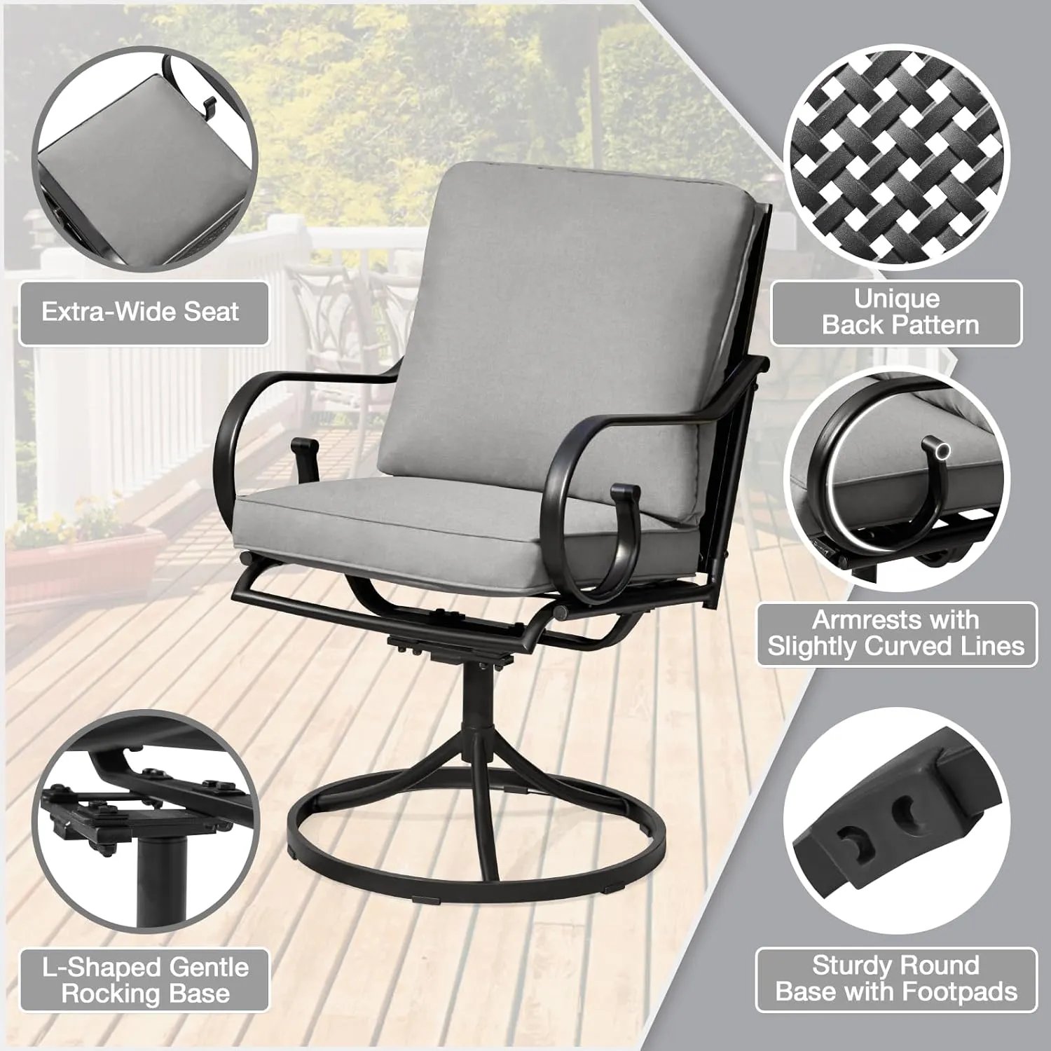 MELLCOM 7-Piece Outdoor Dining Set, 6 Swivel Rocker Chairs with Thick Cushions & Rectangular Dining Table with Umbrella Hole, Patio Furniture Set for Porch, Garden, Backyard, Poolside, Deck, Grey