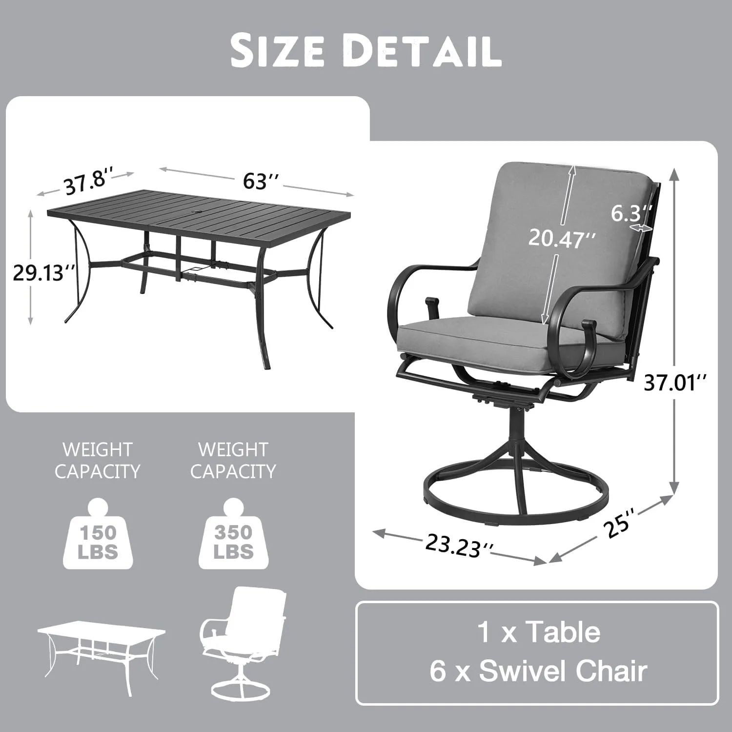 MELLCOM 7-Piece Outdoor Dining Set, 6 Swivel Rocker Chairs with Thick Cushions & Rectangular Dining Table with Umbrella Hole, Patio Furniture Set for Porch, Garden, Backyard, Poolside, Deck, Grey