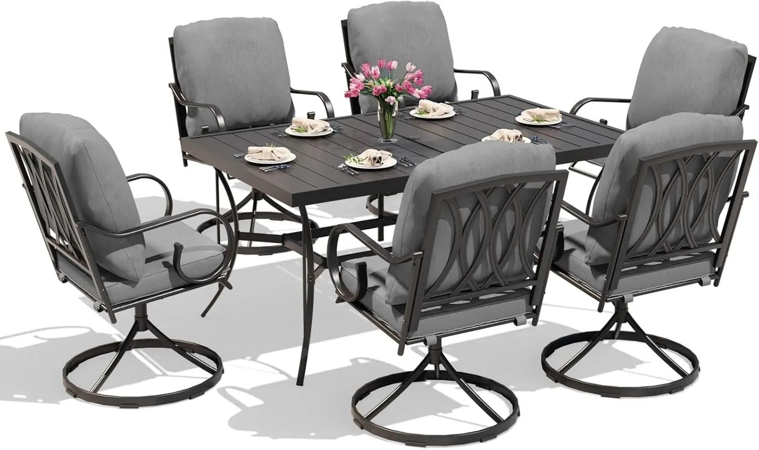 MELLCOM 7-Piece Outdoor Dining Set, 6 Swivel Rocker Chairs with Thick Cushions & Rectangular Dining Table with Umbrella Hole, Patio Furniture Set for Porch, Garden, Backyard, Poolside, Deck, Grey