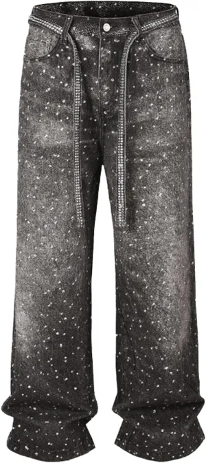 Men Baggy Rhinestone Jeans Wide Leg Denim Pants Vintage Sparkly Pearl Jeans Y2k Oversized Hip Hop Pants for Women