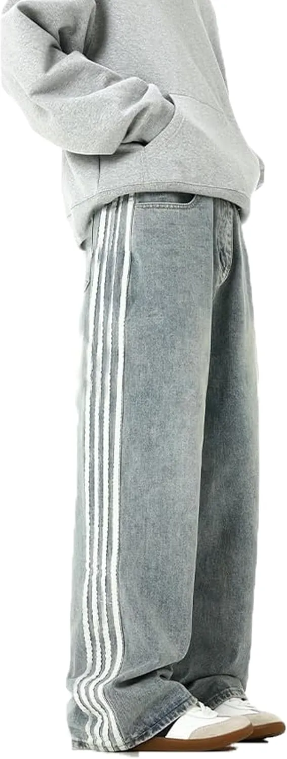 Mens Baggy Denim Jeans Casual Striped Pants Straight Wide Leg Jeans Oversized Hip Hop Pants Vintage Skater Track Jeans