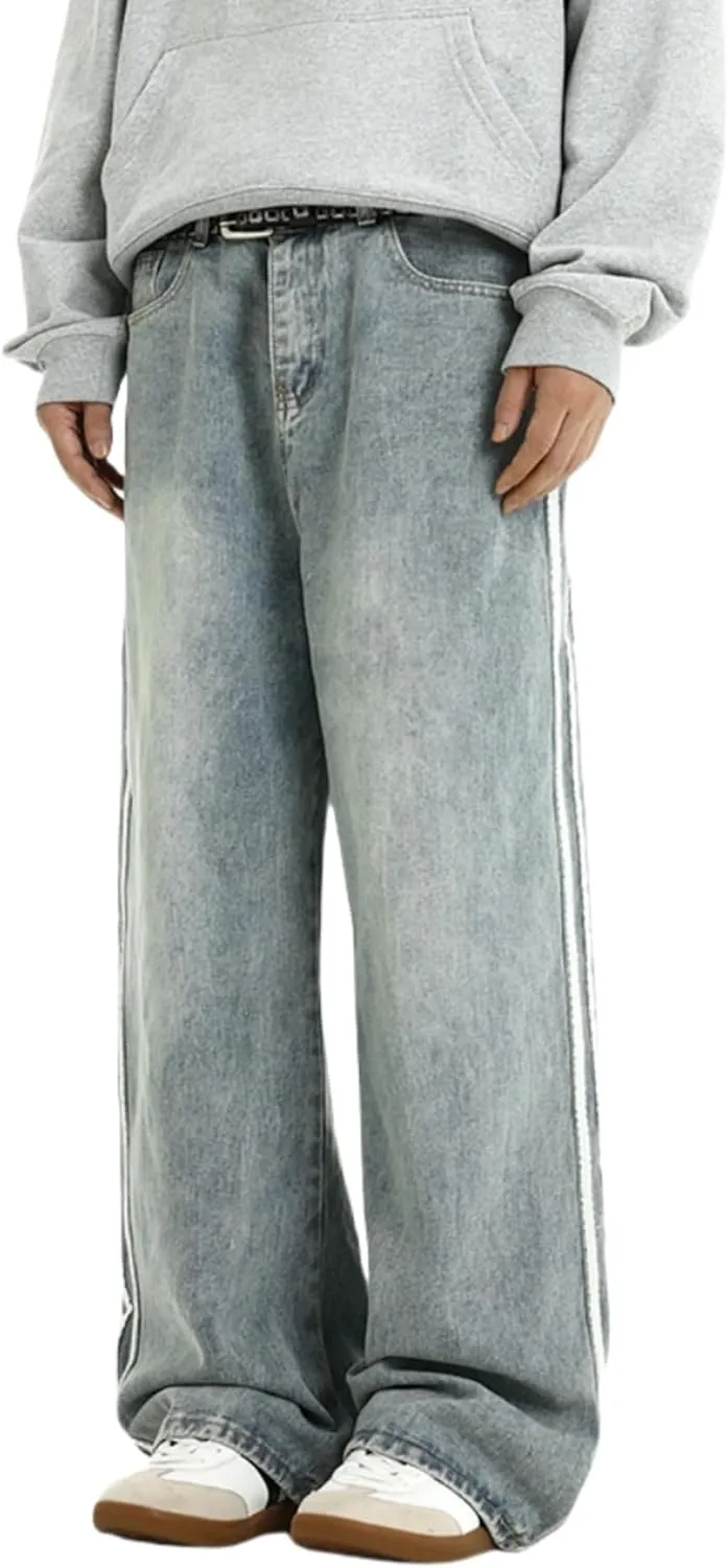 Mens Baggy Denim Jeans Casual Striped Pants Straight Wide Leg Jeans Oversized Hip Hop Pants Vintage Skater Track Jeans