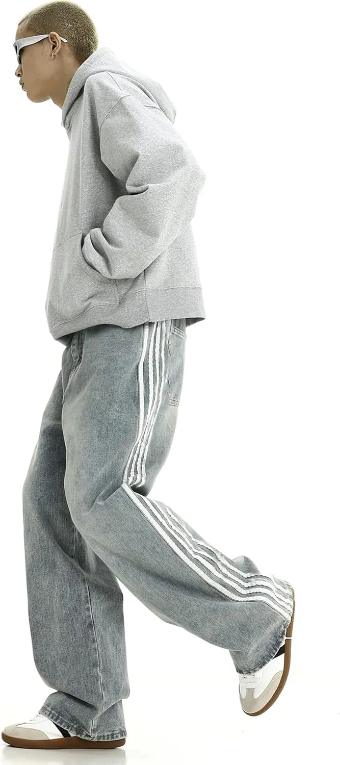 Mens Baggy Denim Jeans Casual Striped Pants Straight Wide Leg Jeans Oversized Hip Hop Pants Vintage Skater Track Jeans