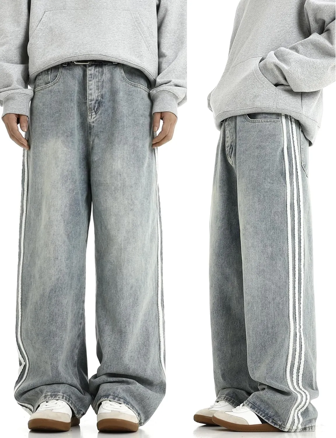 Mens Baggy Denim Jeans Casual Striped Pants Straight Wide Leg Jeans Oversized Hip Hop Pants Vintage Skater Track Jeans
