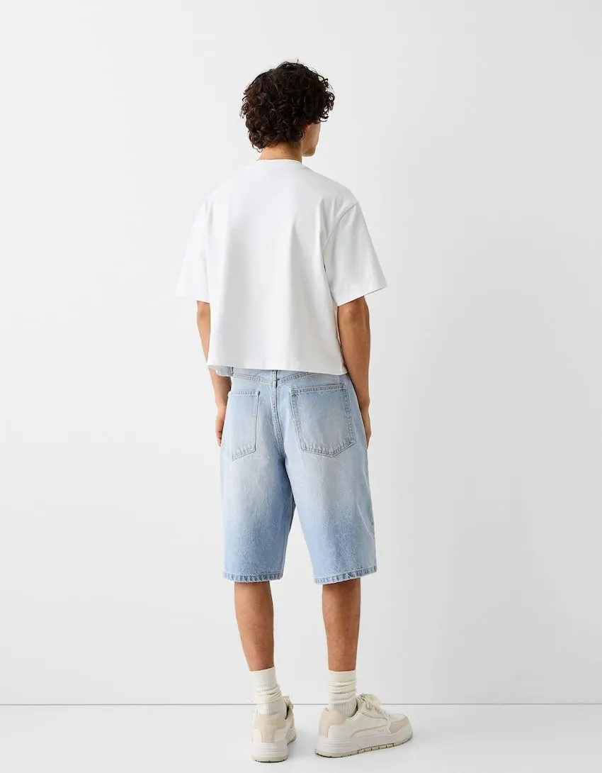 Mens Baggy Jean Shorts Loose Fit Long Skater Bermuda Denim Shorts Below Knee Hip Pop Wide Leg Jorts 90s Streetwear