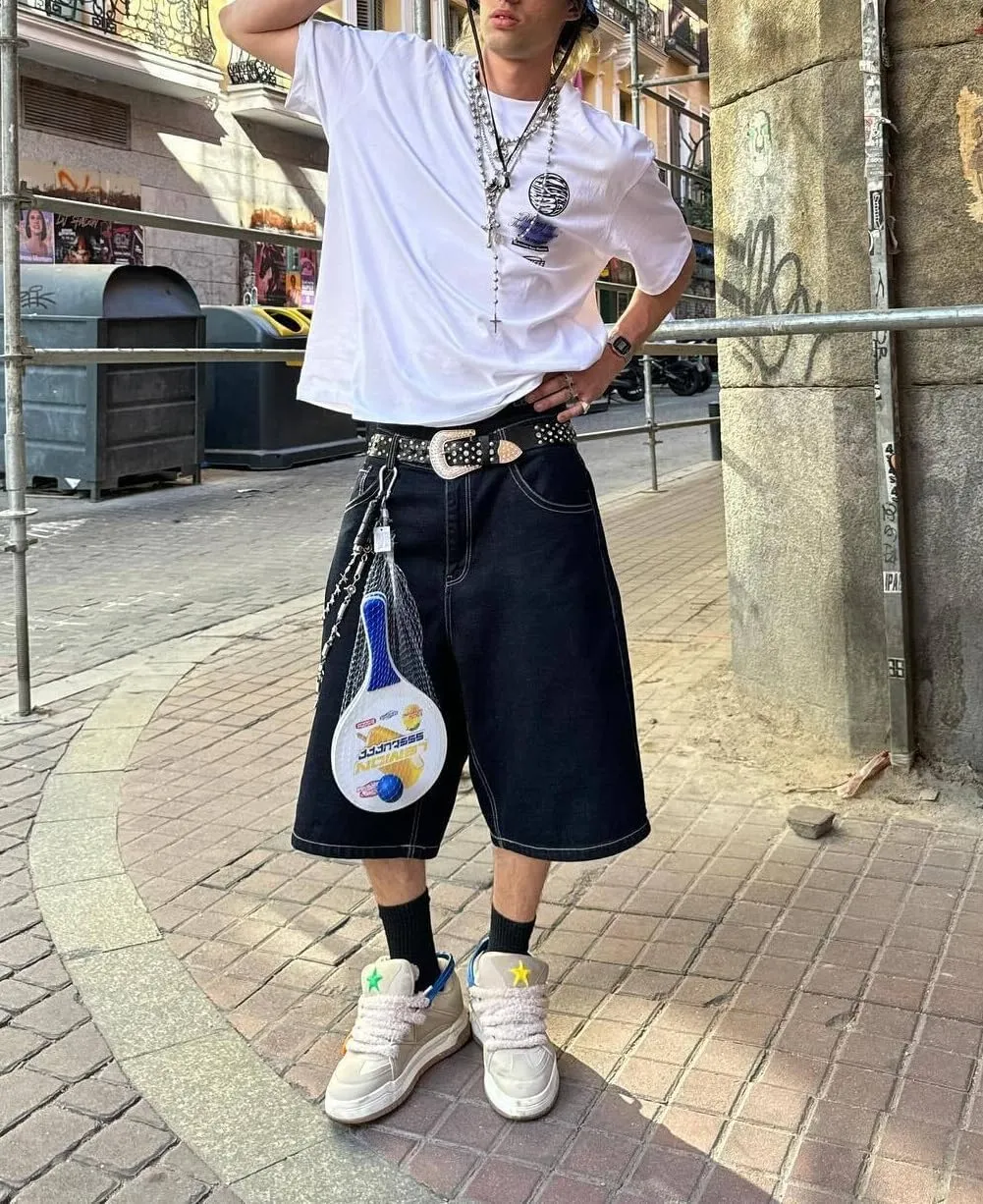Mens Baggy Jean Shorts Loose Fit Long Skater Bermuda Denim Shorts Below Knee Hip Pop Wide Leg Jorts 90s Streetwear
