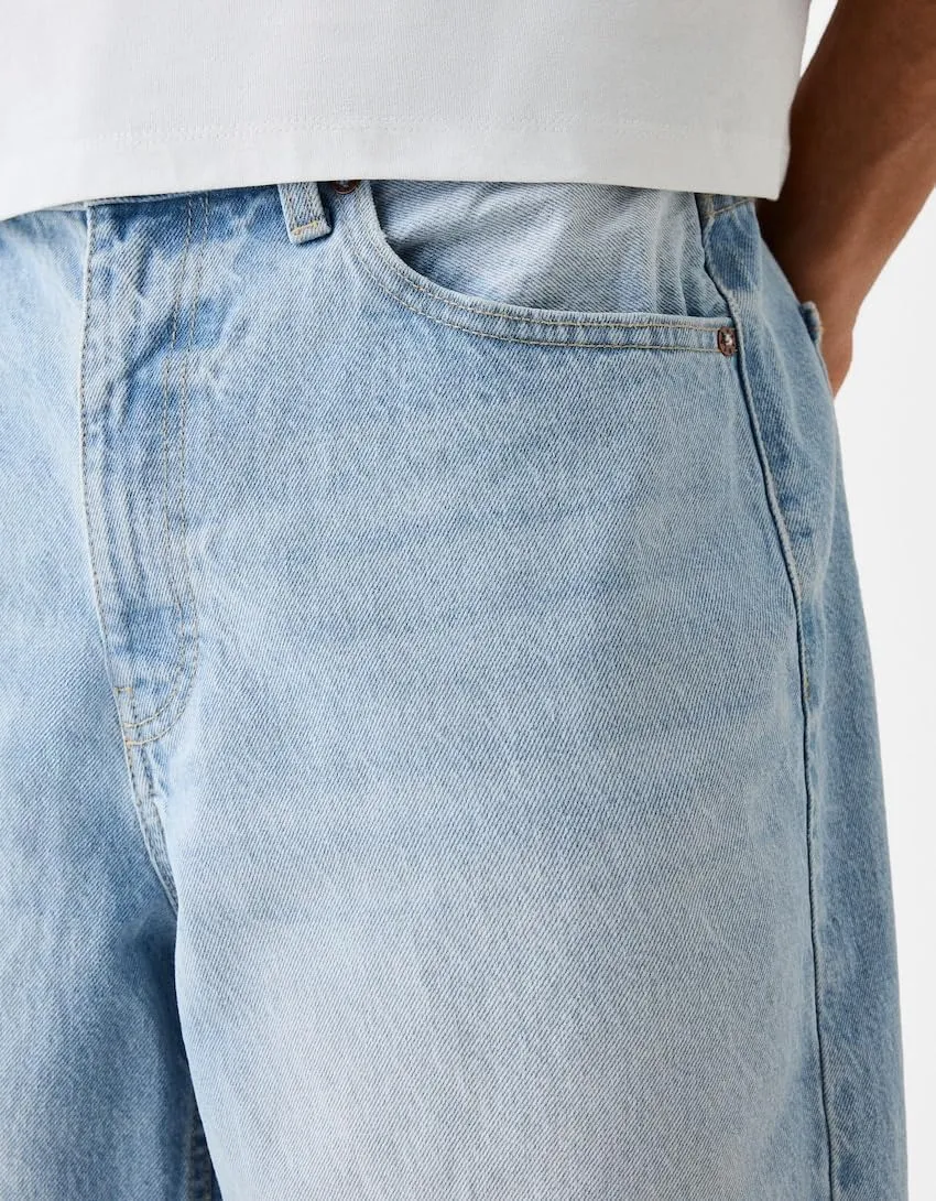 Mens Baggy Jean Shorts Loose Fit Long Skater Bermuda Denim Shorts Below Knee Hip Pop Wide Leg Jorts 90s Streetwear