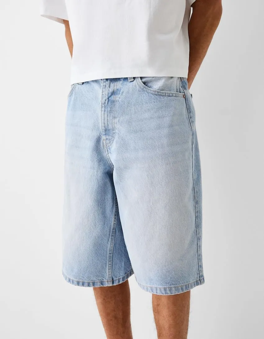 Mens Baggy Jean Shorts Loose Fit Long Skater Bermuda Denim Shorts Below Knee Hip Pop Wide Leg Jorts 90s Streetwear