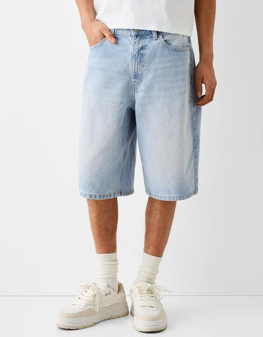 Mens Baggy Jean Shorts Loose Fit Long Skater Bermuda Denim Shorts Below Knee Hip Pop Wide Leg Jorts 90s Streetwear