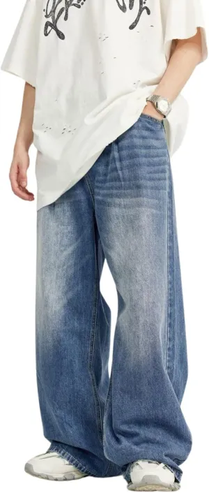 Men's Baggy Jeans Y2k Straight Leg Mid Waisted Solid Streetwear Loose Fit Vintage Hip Hop Denim Pants