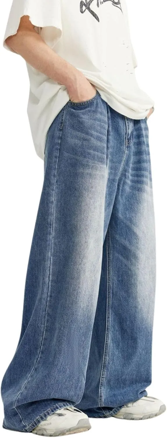 Men's Baggy Jeans Y2k Straight Leg Mid Waisted Solid Streetwear Loose Fit Vintage Hip Hop Denim Pants