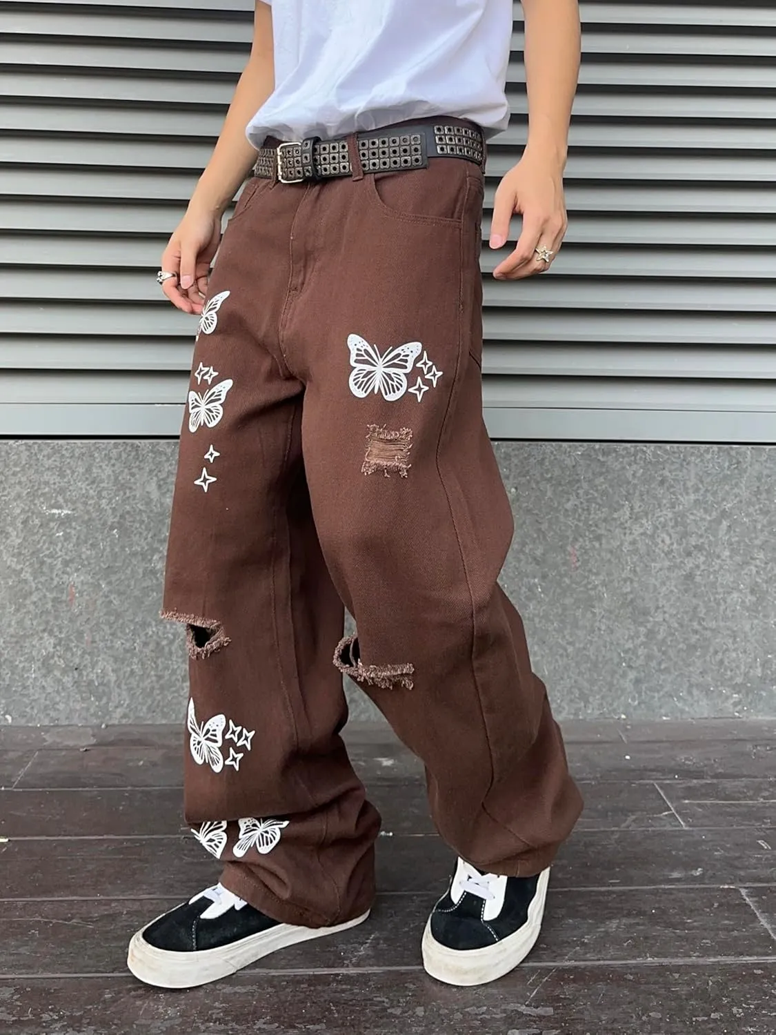 Mens Butterfly Print Ripped Baggy Jeans Aesthetic Y2k Hip Hop Wide Leg Denim Pants