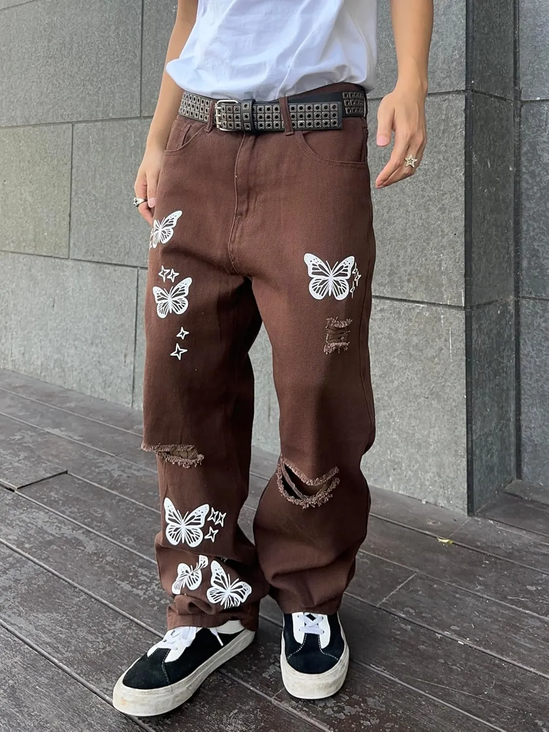 Mens Butterfly Print Ripped Baggy Jeans Aesthetic Y2k Hip Hop Wide Leg Denim Pants