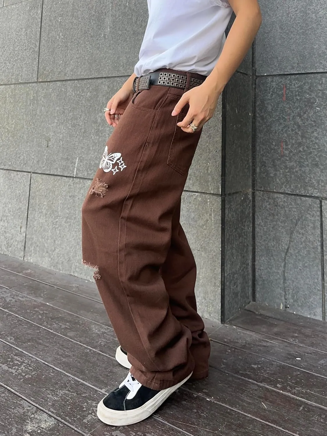 Mens Butterfly Print Ripped Baggy Jeans Aesthetic Y2k Hip Hop Wide Leg Denim Pants