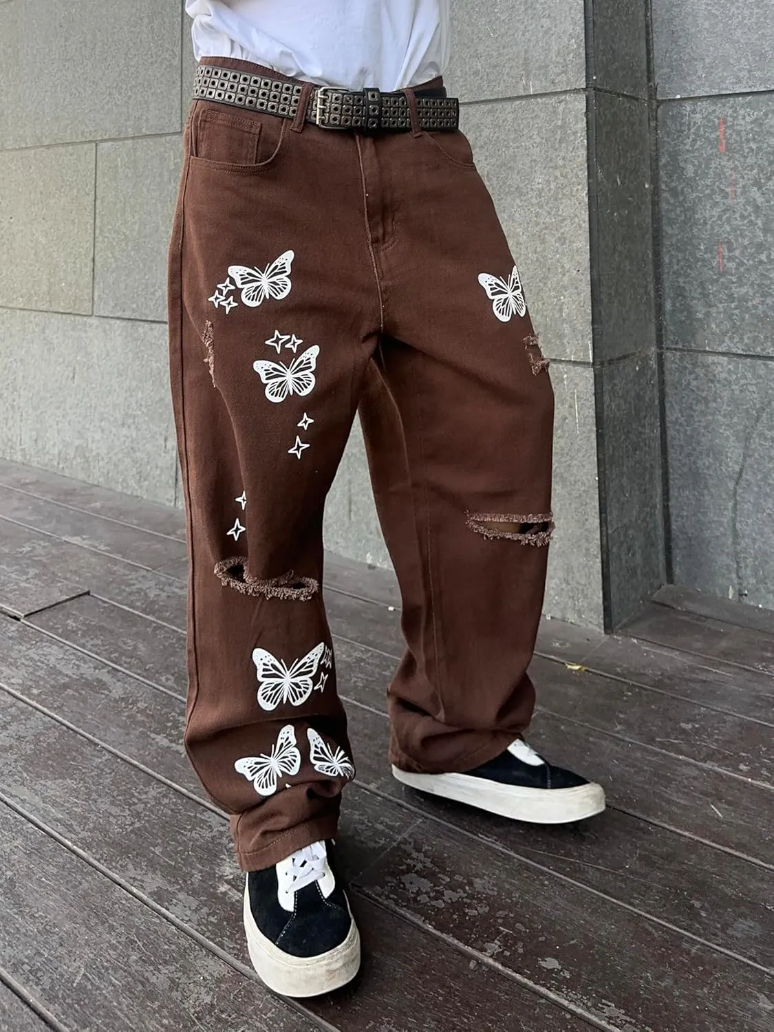 Mens Butterfly Print Ripped Baggy Jeans Aesthetic Y2k Hip Hop Wide Leg Denim Pants
