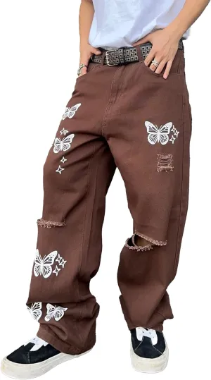 Mens Butterfly Print Ripped Baggy Jeans Aesthetic Y2k Hip Hop Wide Leg Denim Pants