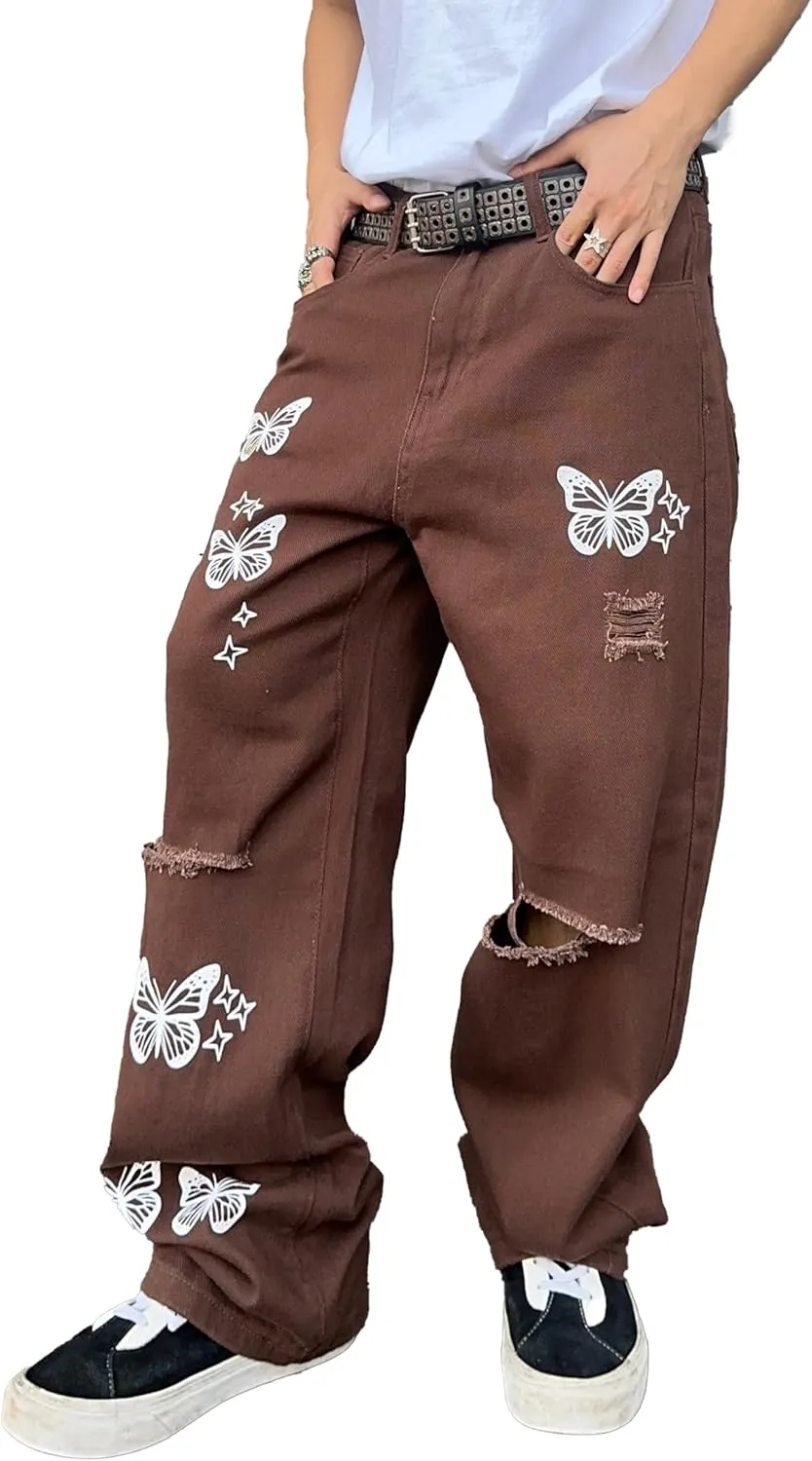 Mens Butterfly Print Ripped Baggy Jeans Aesthetic Y2k Hip Hop Wide Leg Denim Pants