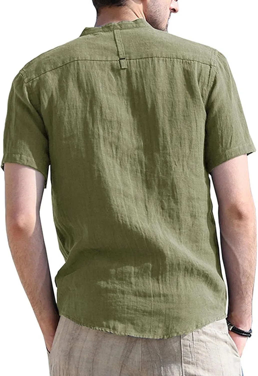Men's Cotton Linen Henley Shirt Short Sleeve Casual Summer Beach Hippie T Shirts Band Collar Lightweight Hippie Tees