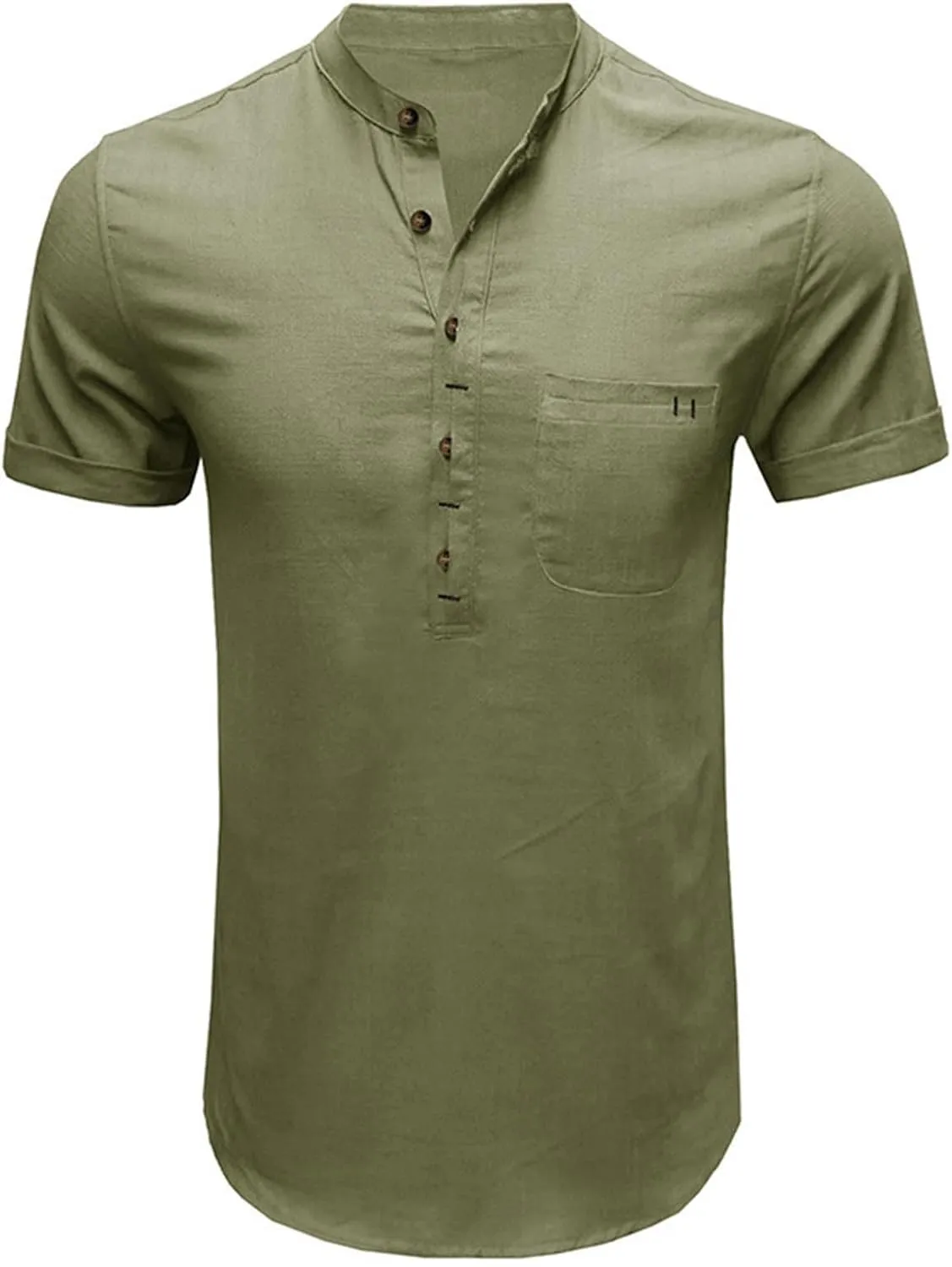 Men's Cotton Linen Henley Shirt Short Sleeve Casual Summer Beach Hippie T Shirts Band Collar Lightweight Hippie Tees