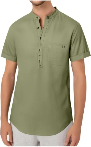 Men's Cotton Linen Henley Shirt Short Sleeve Casual Summer Beach Hippie T Shirts Band Collar Lightweight Hippie Tees