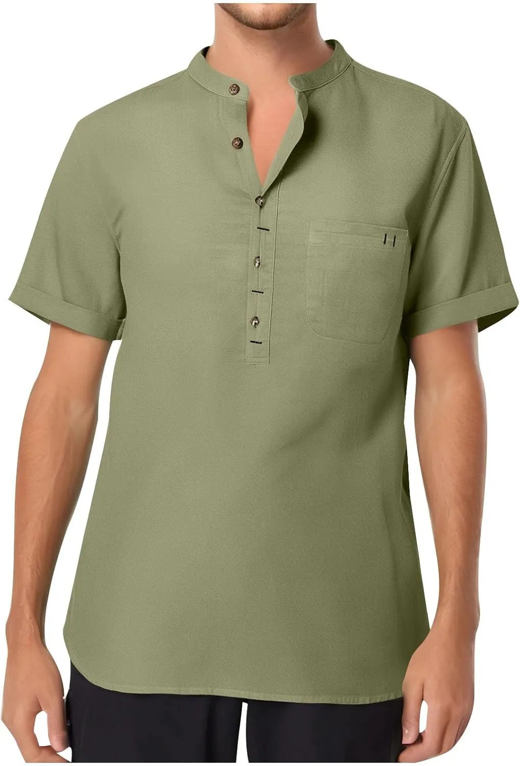 Men's Cotton Linen Henley Shirt Short Sleeve Casual Summer Beach Hippie T Shirts Band Collar Lightweight Hippie Tees