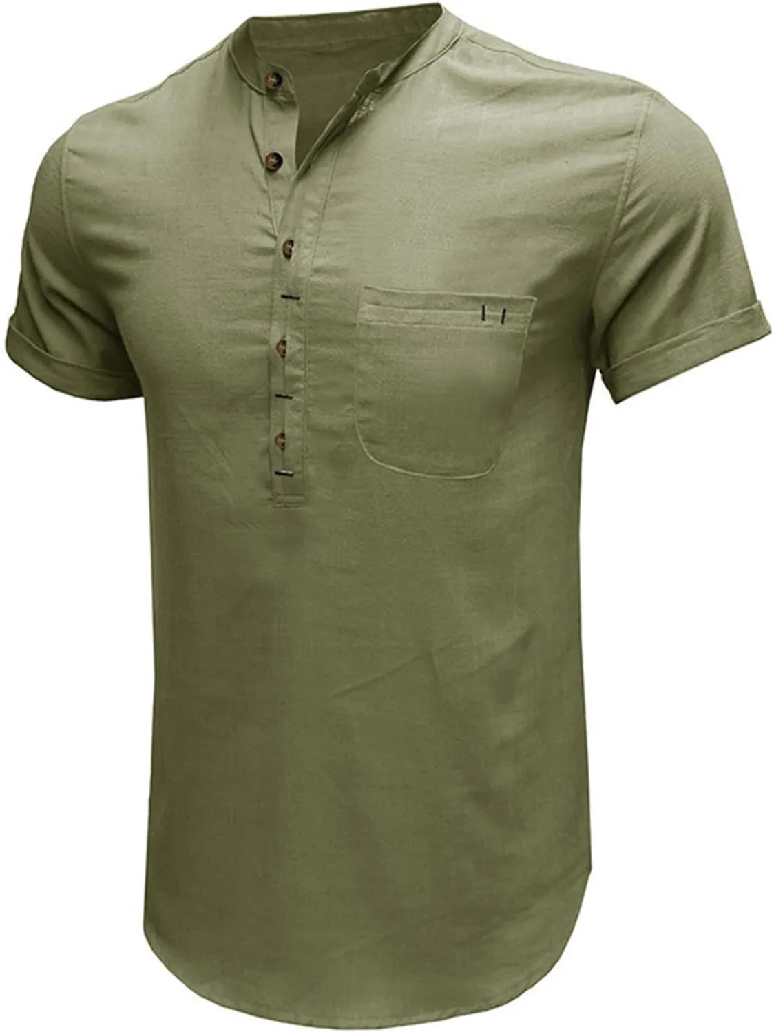 Men's Cotton Linen Henley Shirt Short Sleeve Casual Summer Beach Hippie T Shirts Band Collar Lightweight Hippie Tees